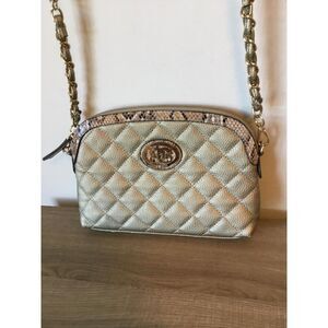 Sharif Gold Quilted Leather Crossbody Bag Snakeskin Trim Floral Interior EUC